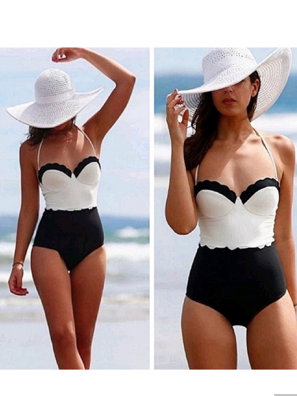Topshop Black and White Scalloped One-Piece Swimsuit